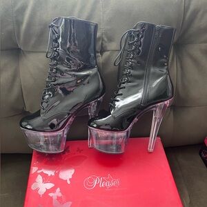 Pleaser Black Patent Lace-Up Platform Ankle Boots with Clear Heel
